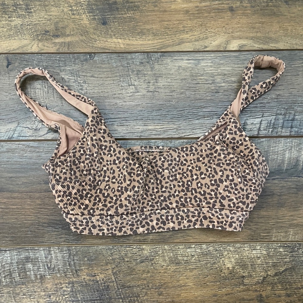 Aerie Leopard Print Ribbed Scoop Neck Bikini Top Brown Tan Medium Beach Vacation